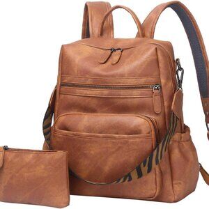 Women Leather Backpack Purse Brown Travel Bag Multi-Pocket Shoulder Satchel